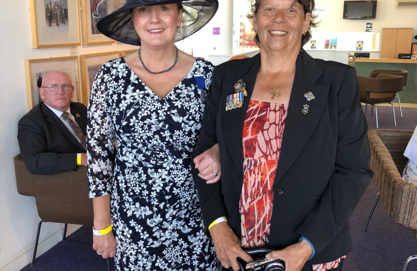 Janet Finch-Saunders AM catching up with Mrs Theresa Evans, mother of Royal Marine Llywelyn ‘Welly’ Evans