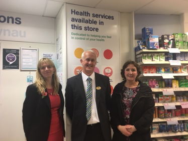 Judy Henley from Community Pharmacy Wales; Peter Lanham, Manager of Boots Pharmacy in Penrhyn Bay; Janet Finch-Saunders AM